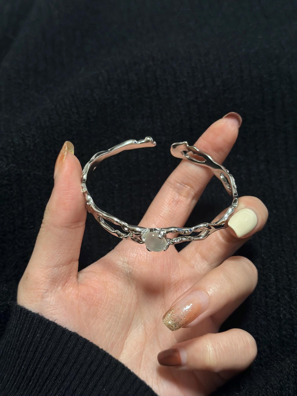 Silver Finish Gemstone bracelet Chunky Statement bracelet Liquid Metal Thorns bracelet Jewellery Gift For Her Birthday handmade melted metal