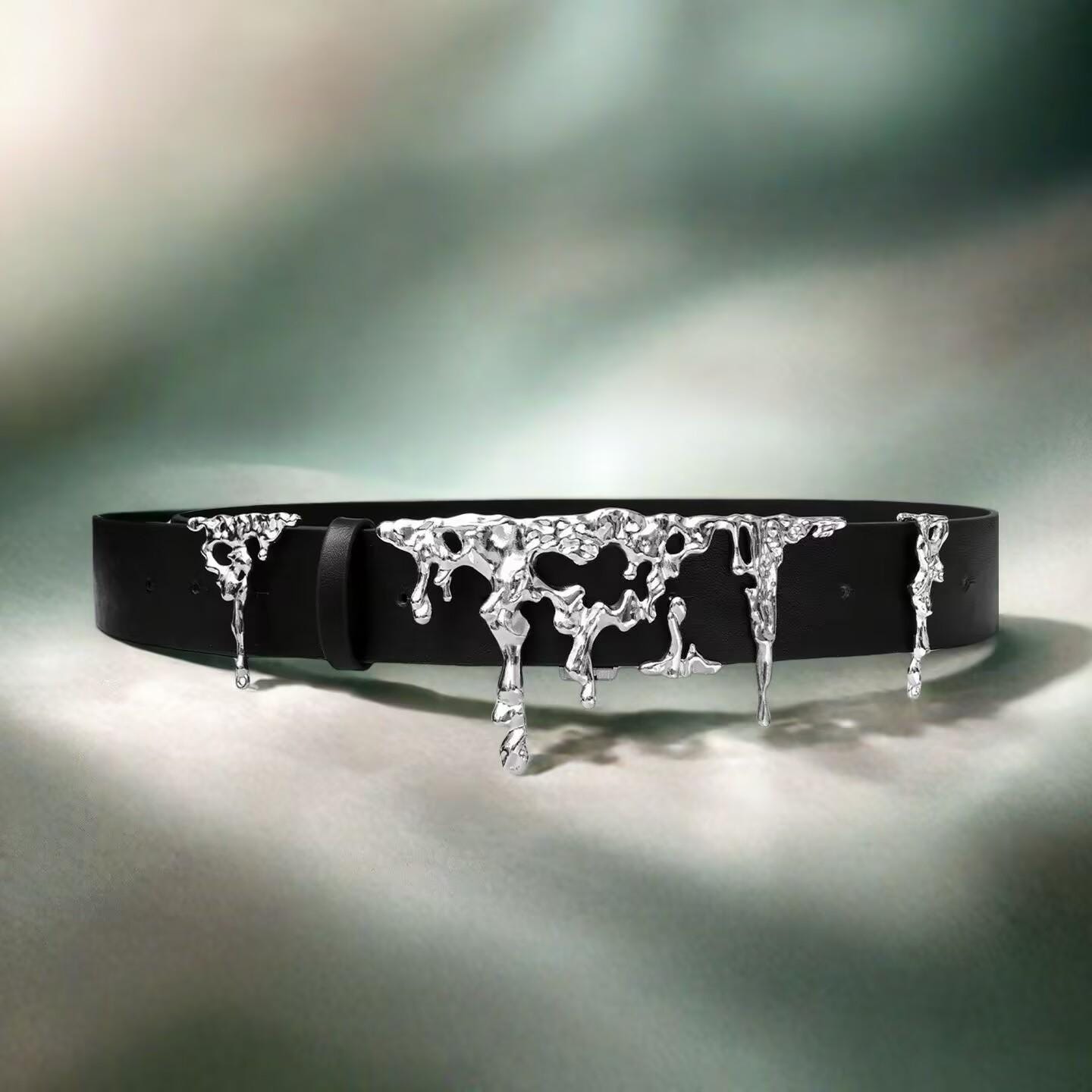 Cyberpunk Lava Belt – Liquid Metal Buckle, Adjustable 56–98cm, Microfiber Leather + Platinum Plated Copper, Unisex Fashion Gift