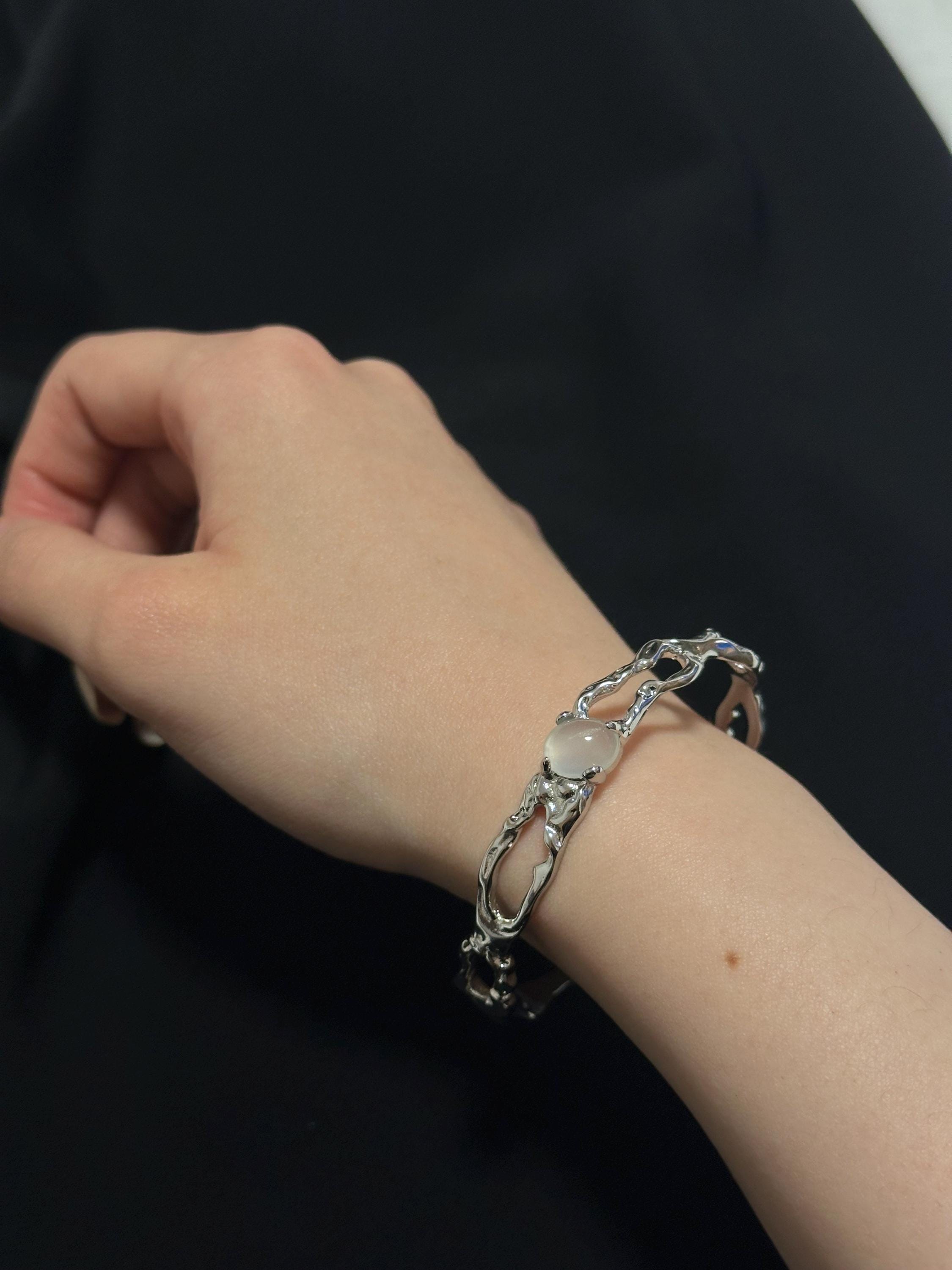 Silver Finish Gemstone bracelet Chunky Statement bracelet Liquid Metal Thorns bracelet Jewellery Gift For Her Birthday handmade melted metal