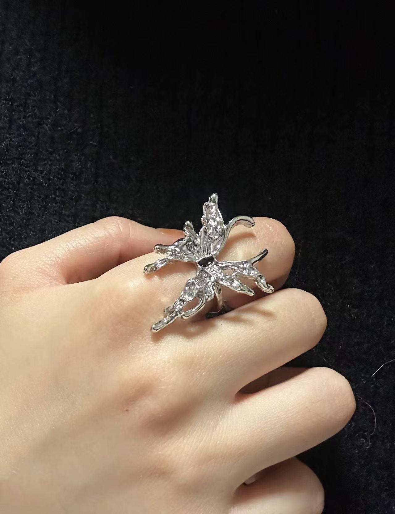 Silver Finish Butterfly Ring: Chunky Liquid Metal Statement Jewelry