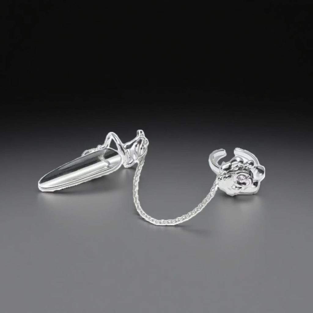 Cyber Elf 5Pcs Nail Ring Set: Purple Butterfly Tassel Silver Hollow-Out Armor Rings with Pearls & Enamel handmade