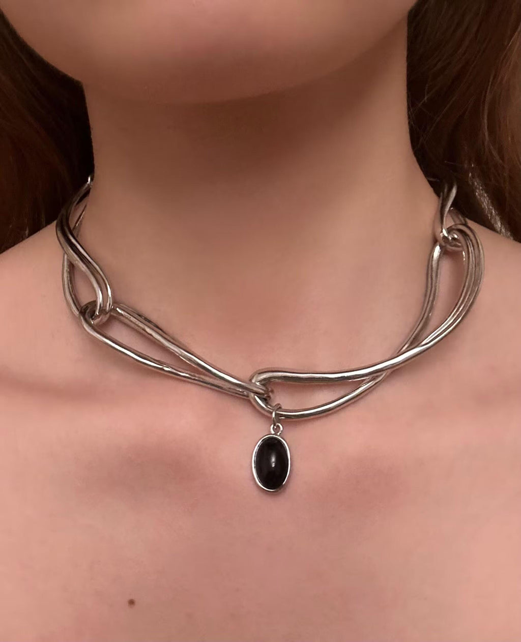Cyberpunk Black Onyx Choker – Minimalist Geometric Silver Chain Necklace, Unisex Statement Jewelry, Unique Gift for Her Him