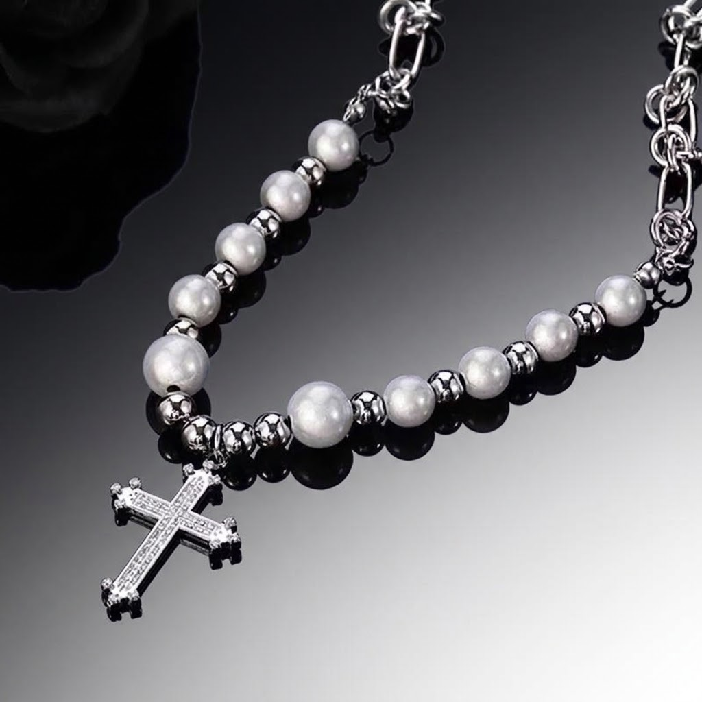 Pave Gothic Cross Pearl Necklace | Silver Splice Choker | Cybernicho | Y2K Cyber Goth Jewelry | Rhinestone Cross Pendant