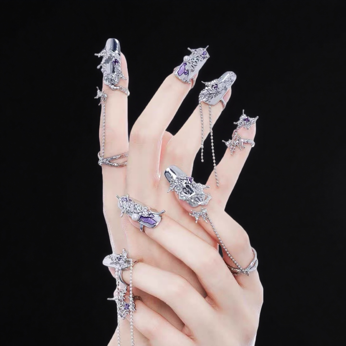 Cyber Elf 5Pcs Nail Ring Set: Purple Butterfly Tassel Silver Hollow-Out Armor Rings with Pearls & Enamel