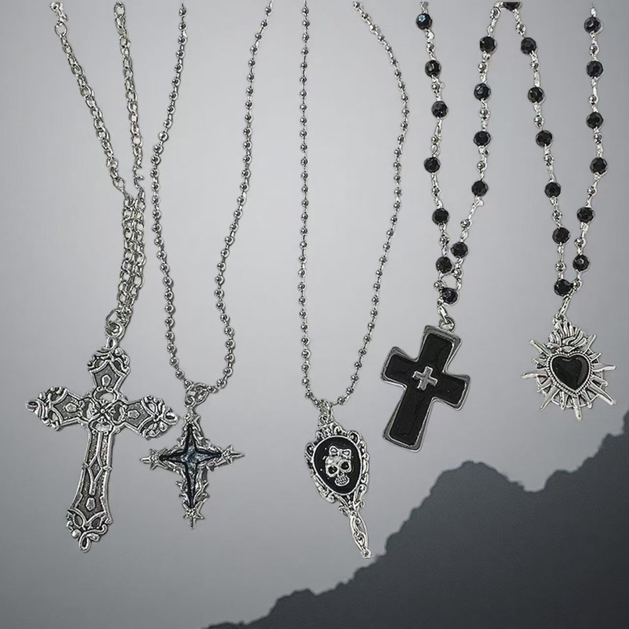 Gothic Skull Cross Necklace Set, Y2K Grunge Beaded Sweater Chain, Black Punk Layering Jewelry, Alt Aesthetic Skeleton Pendant, Gift for Him Her（Thorn Cross）