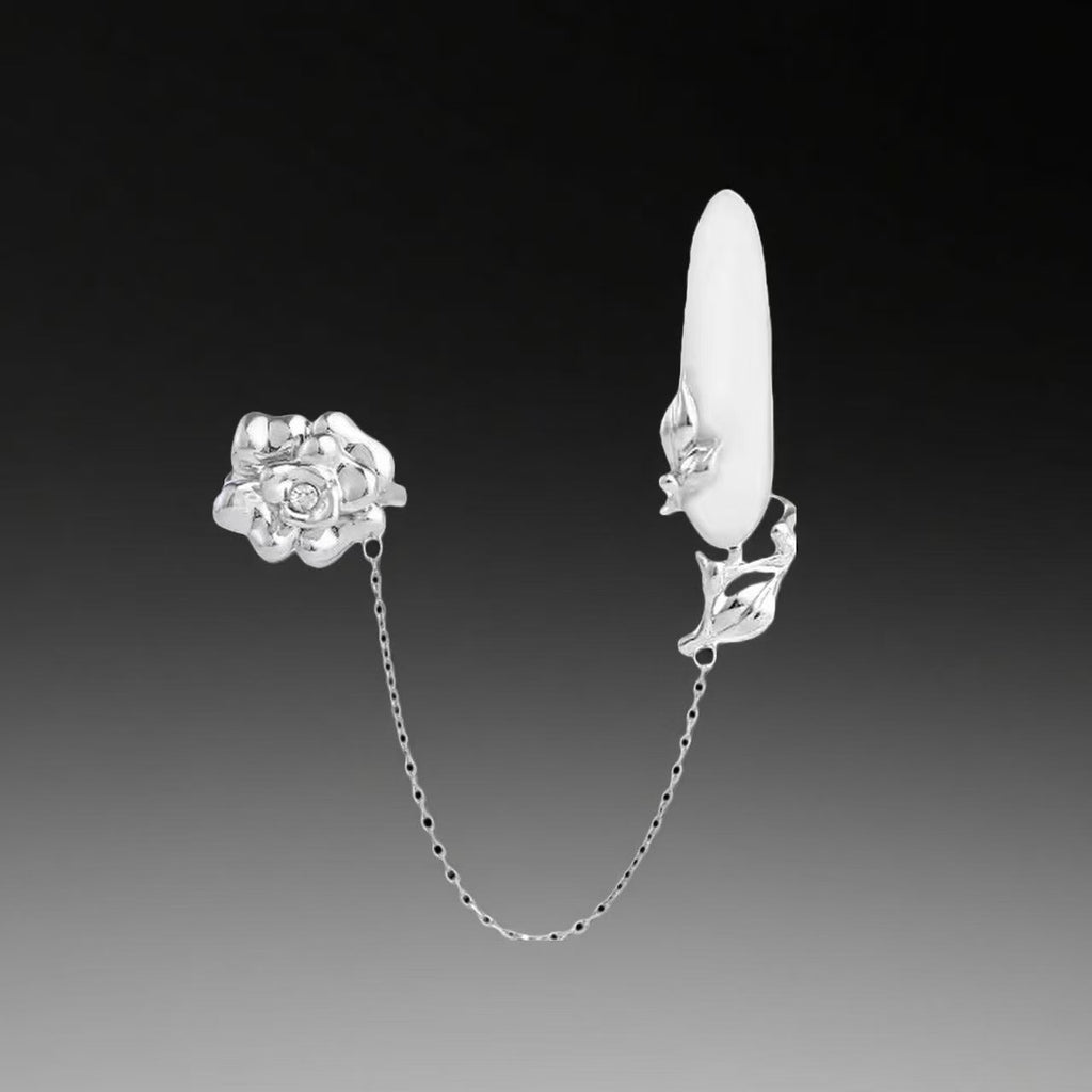 Cyber Elf 5Pcs Nail Ring Set: Purple Butterfly Tassel Silver Hollow-Out Armor Rings with Pearls & Enamel handmade