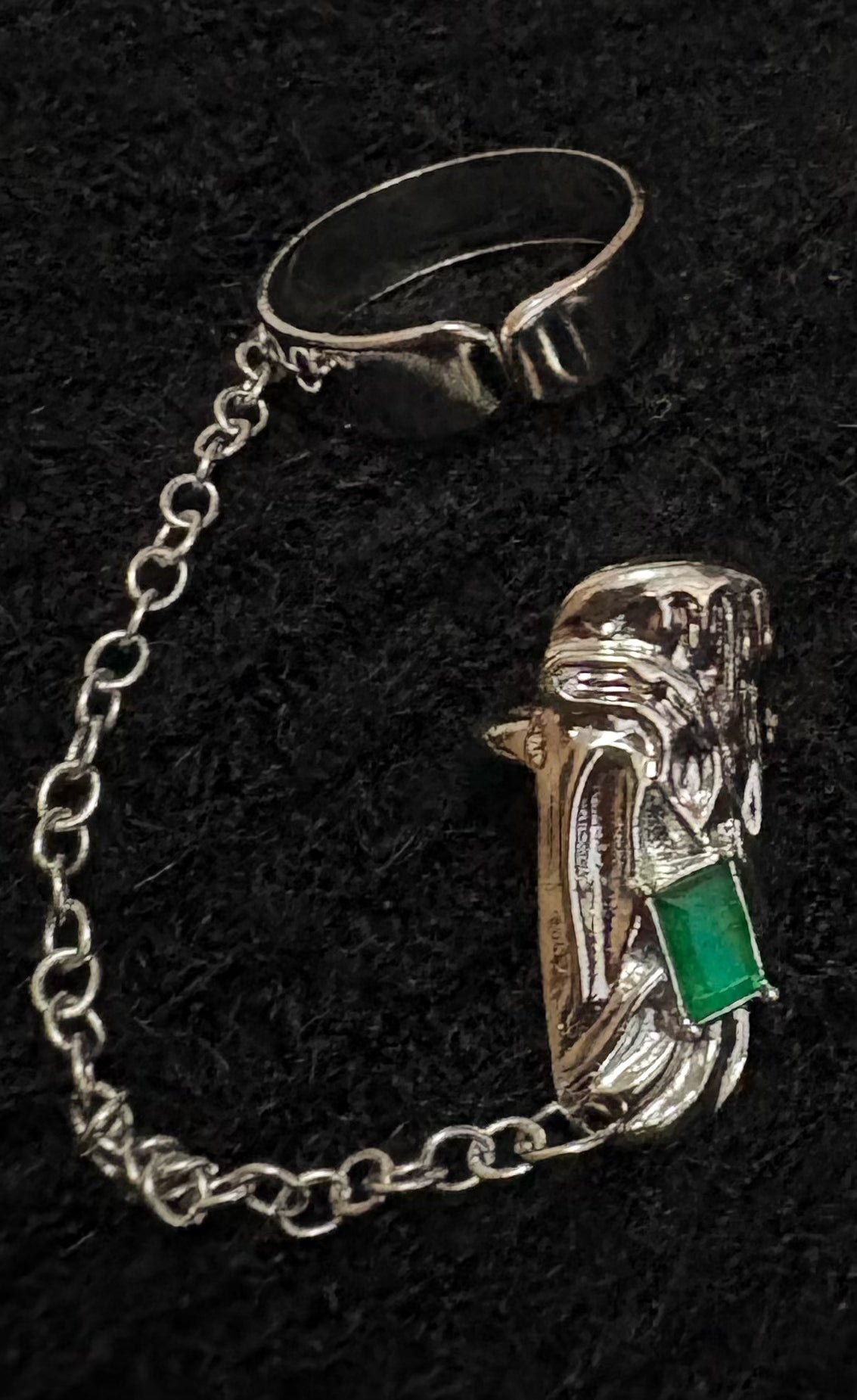 Cyber Elf Handmade 4Pcs Green Snake 2-in-1 Nail Ring Set: Cyberpunk Joint Armor Ring in White Plated Copper & Zircon