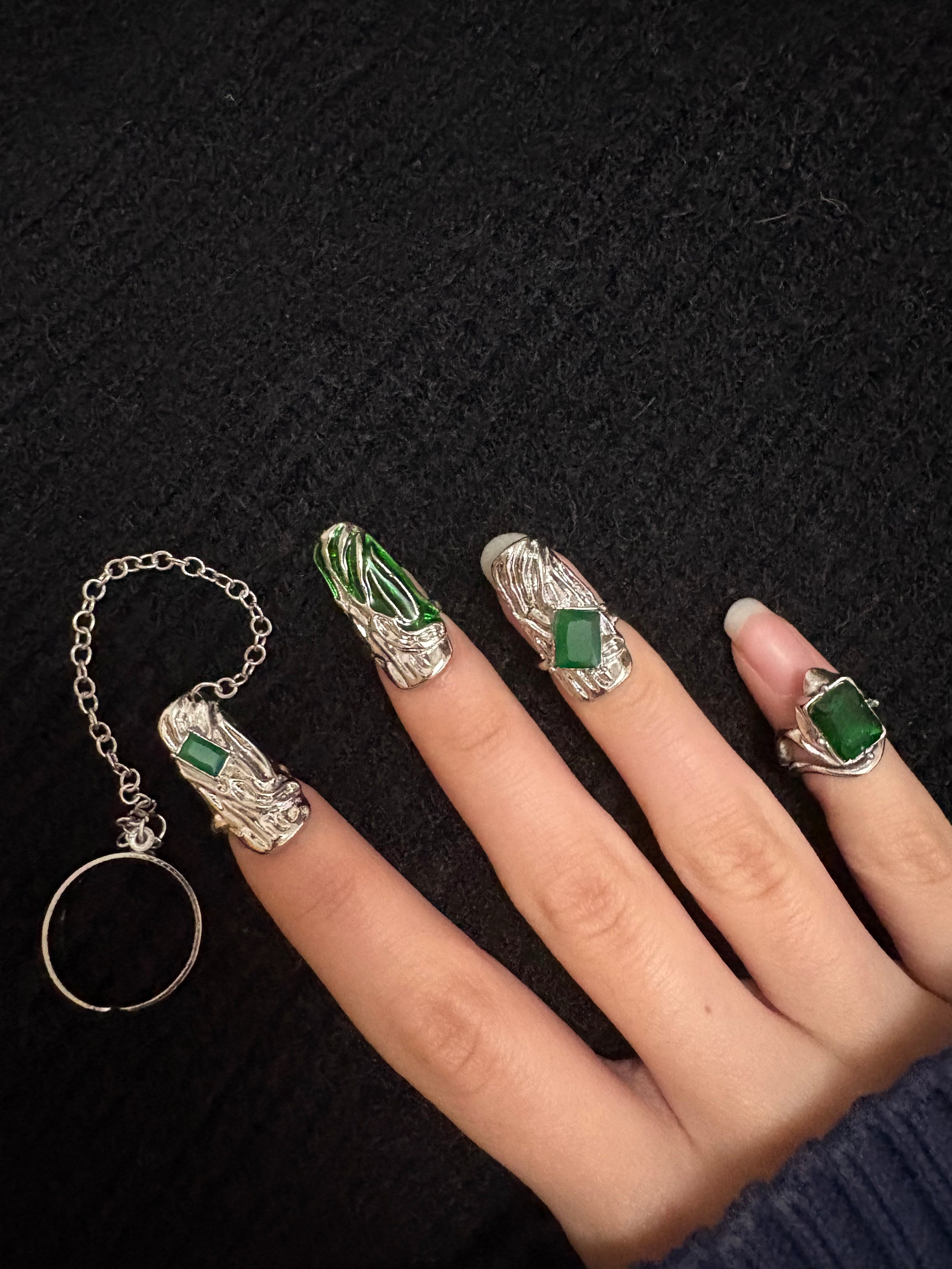 Cyber Elf Handmade 4Pcs Green Snake 2-in-1 Nail Ring Set: Cyberpunk Joint Armor Ring in White Plated Copper & Zircon