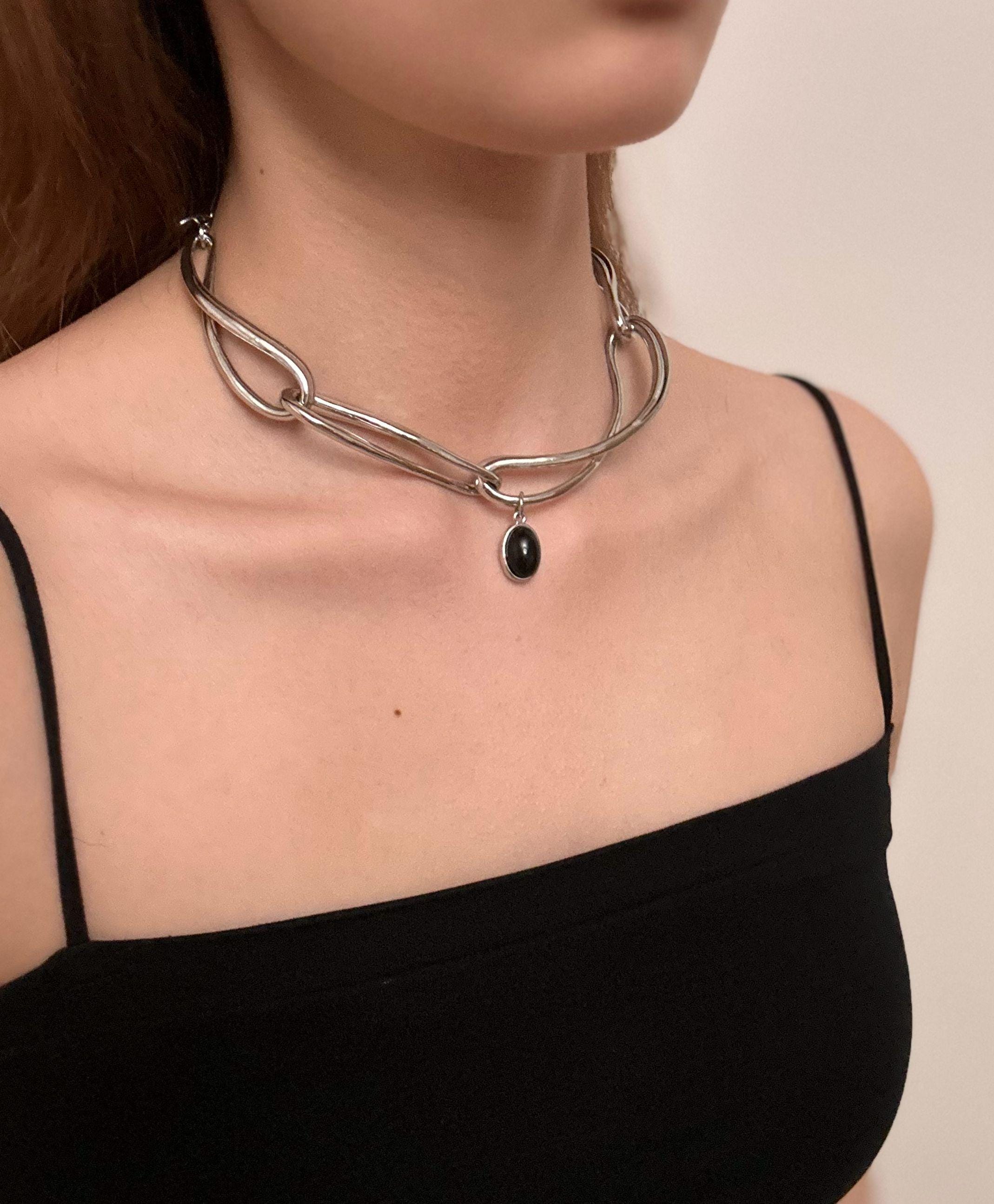 Cyberpunk Black Onyx Choker – Minimalist Geometric Silver Chain Necklace, Unisex Statement Jewelry, Unique Gift for Her Him