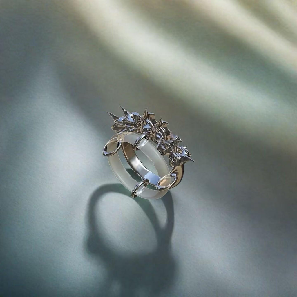 Cyberpunk Dragonbone Ring: Liquid Silver Double Band, Unisex Statement Jewelry