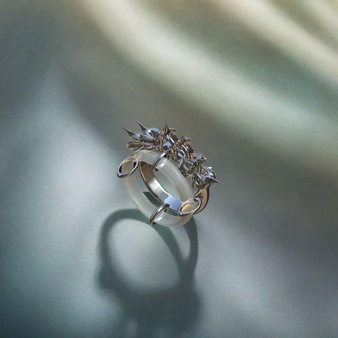 Cyberpunk Dragonbone Ring: Liquid Silver Double Band, Unisex Statement Jewelry