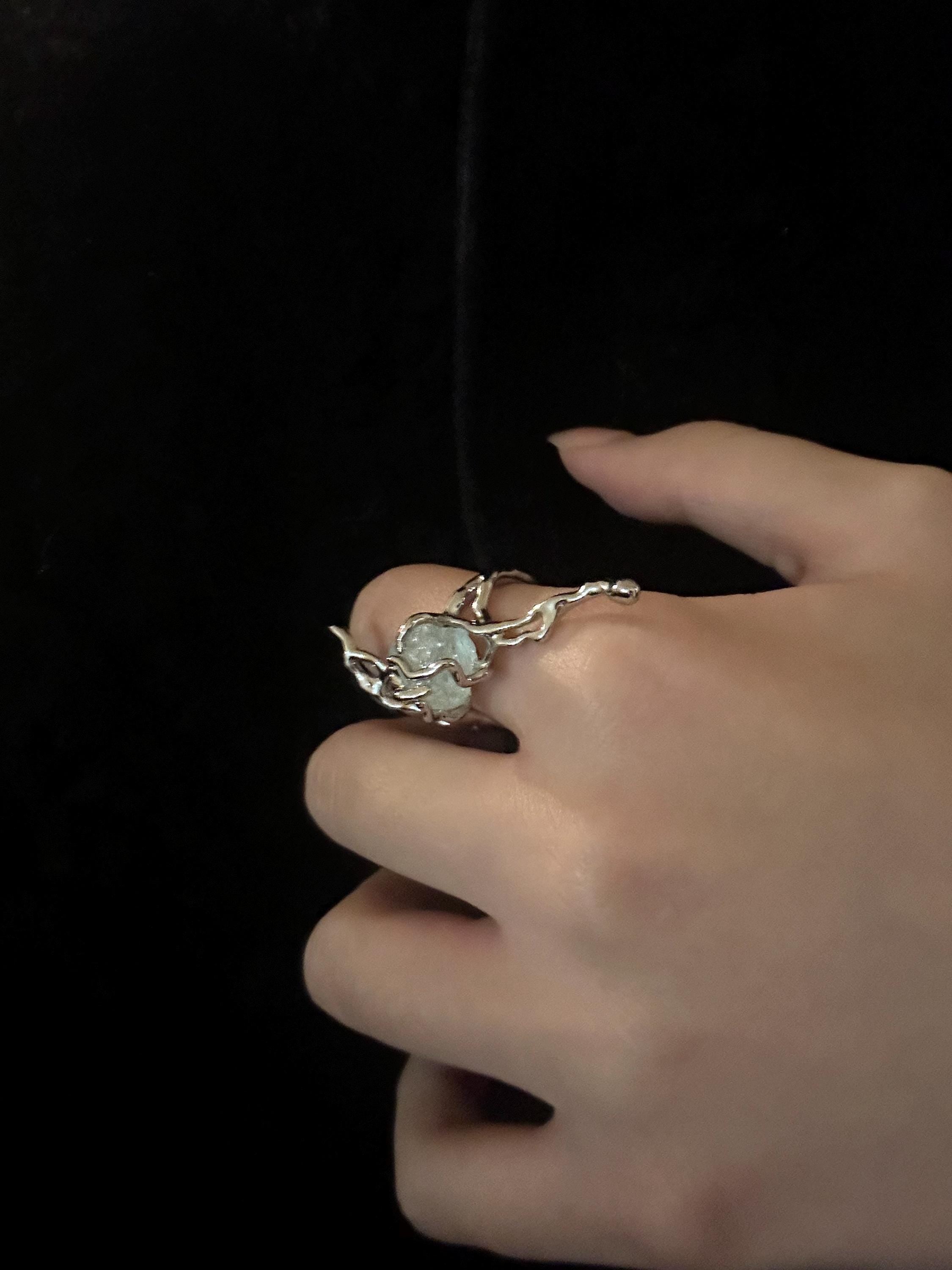 Silver Finish Gemstone Ring Chunky Statement Ring Jewellery Liquid Metal Thorns Ring Jewellery Gift For Her Birthday handmade melted metal