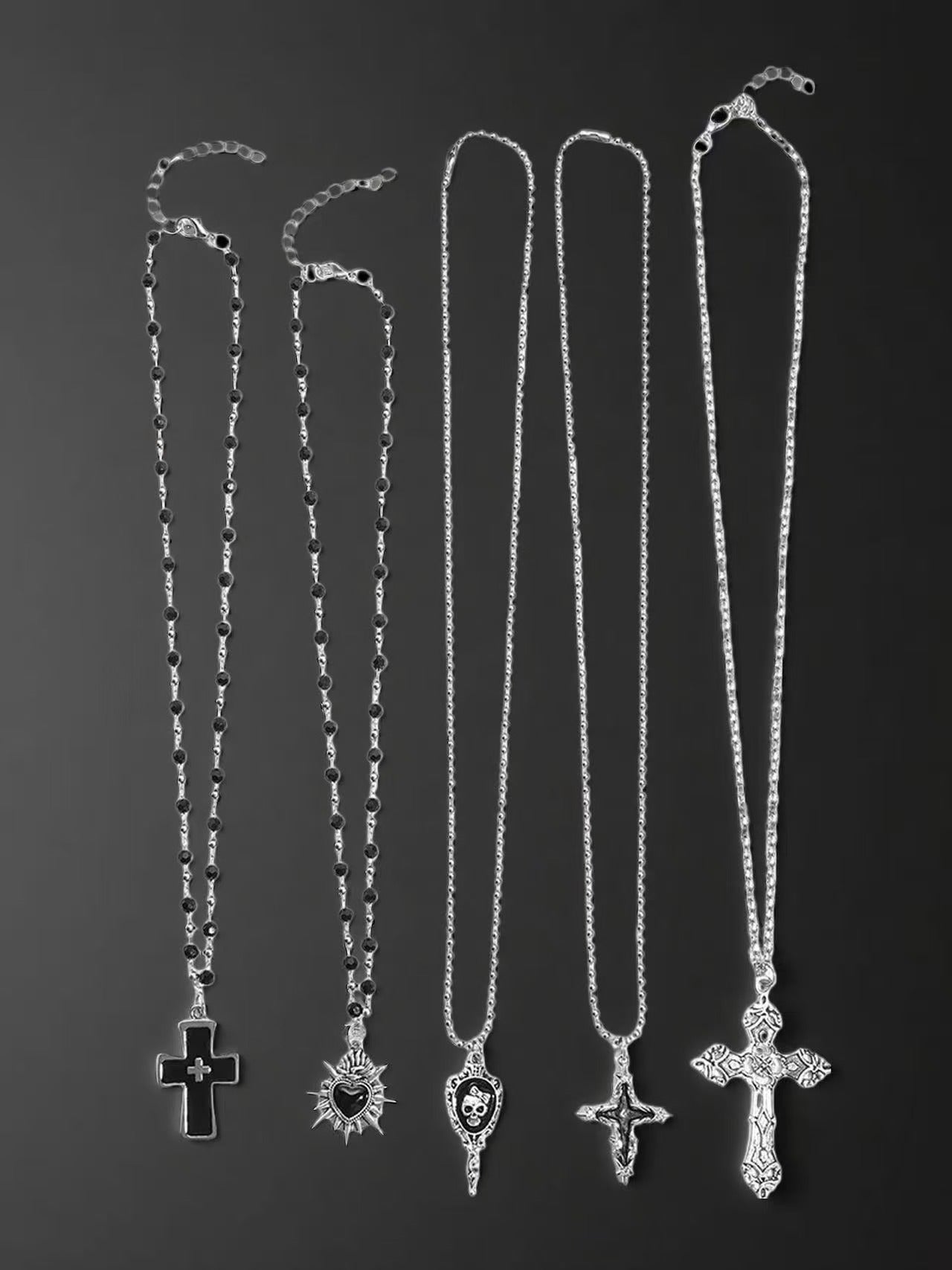 Gothic Skull Cross Necklace Set, Y2K Grunge Beaded Sweater Chain, Black Punk Layering Jewelry, Alt Aesthetic Skeleton Pendant, Gift for Him Her（Thorn Cross）