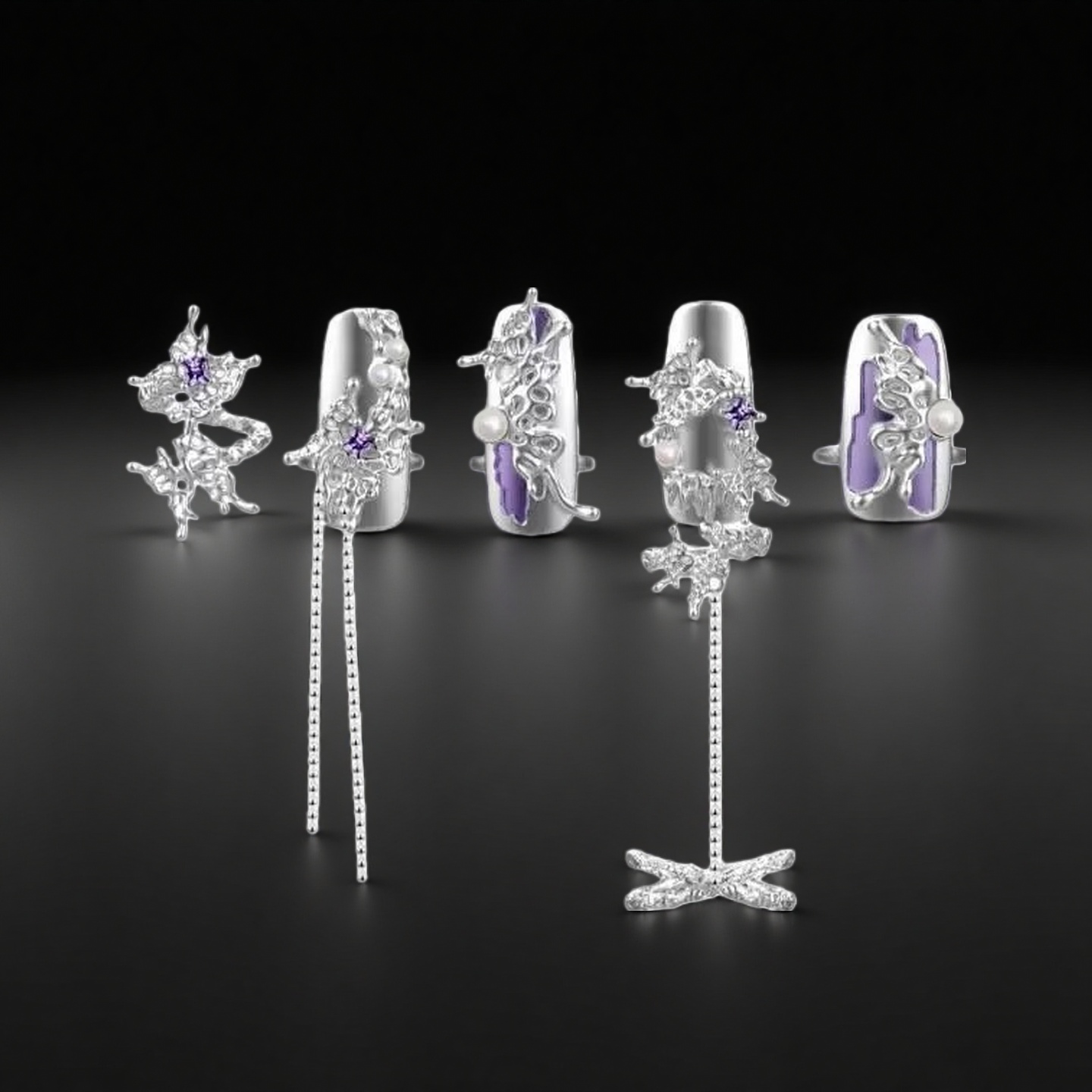 Cyber Elf 5Pcs Nail Ring Set: Purple Butterfly Tassel Silver Hollow-Out Armor Rings with Pearls & Enamel