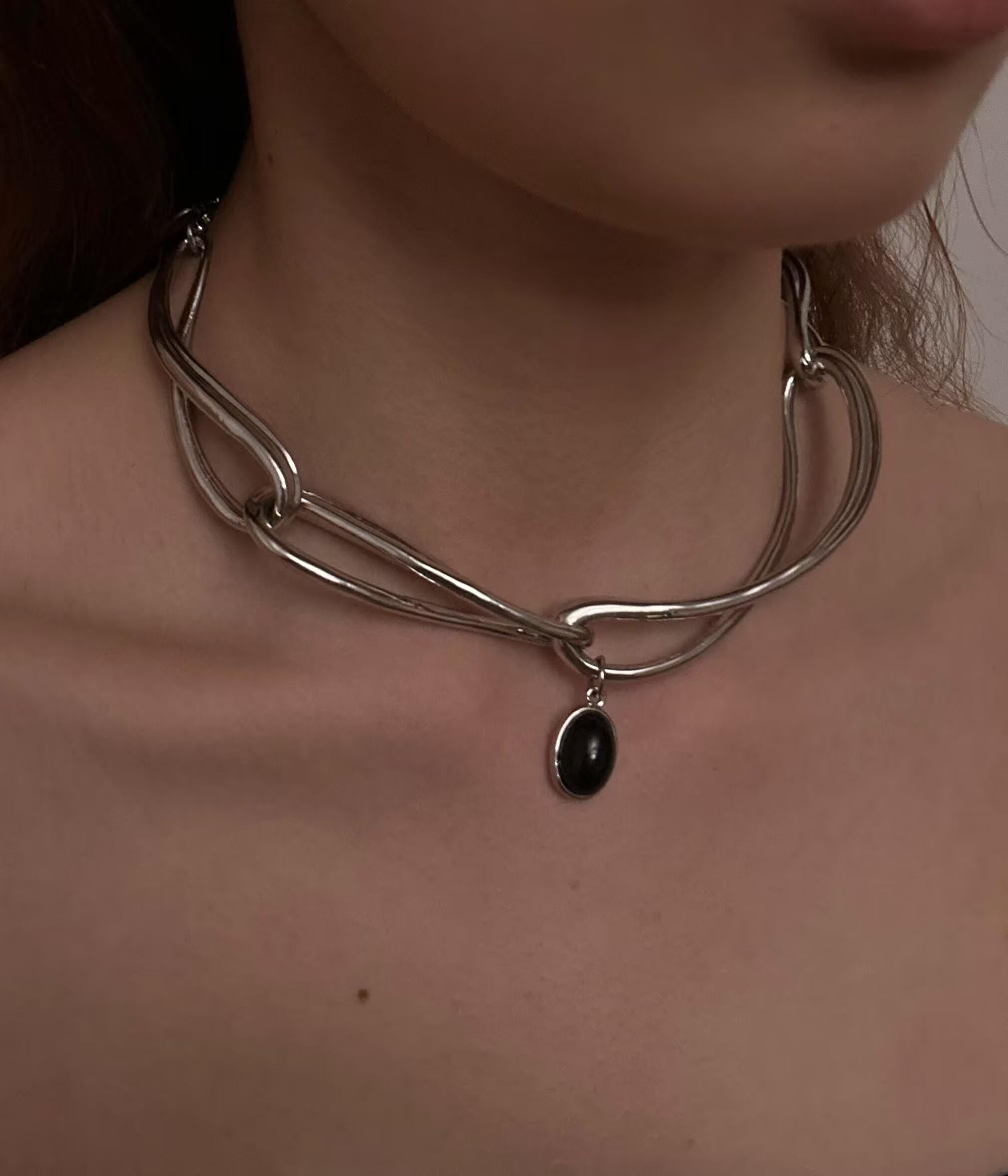 Cyberpunk Black Onyx Choker – Minimalist Geometric Silver Chain Necklace, Unisex Statement Jewelry, Unique Gift for Her Him