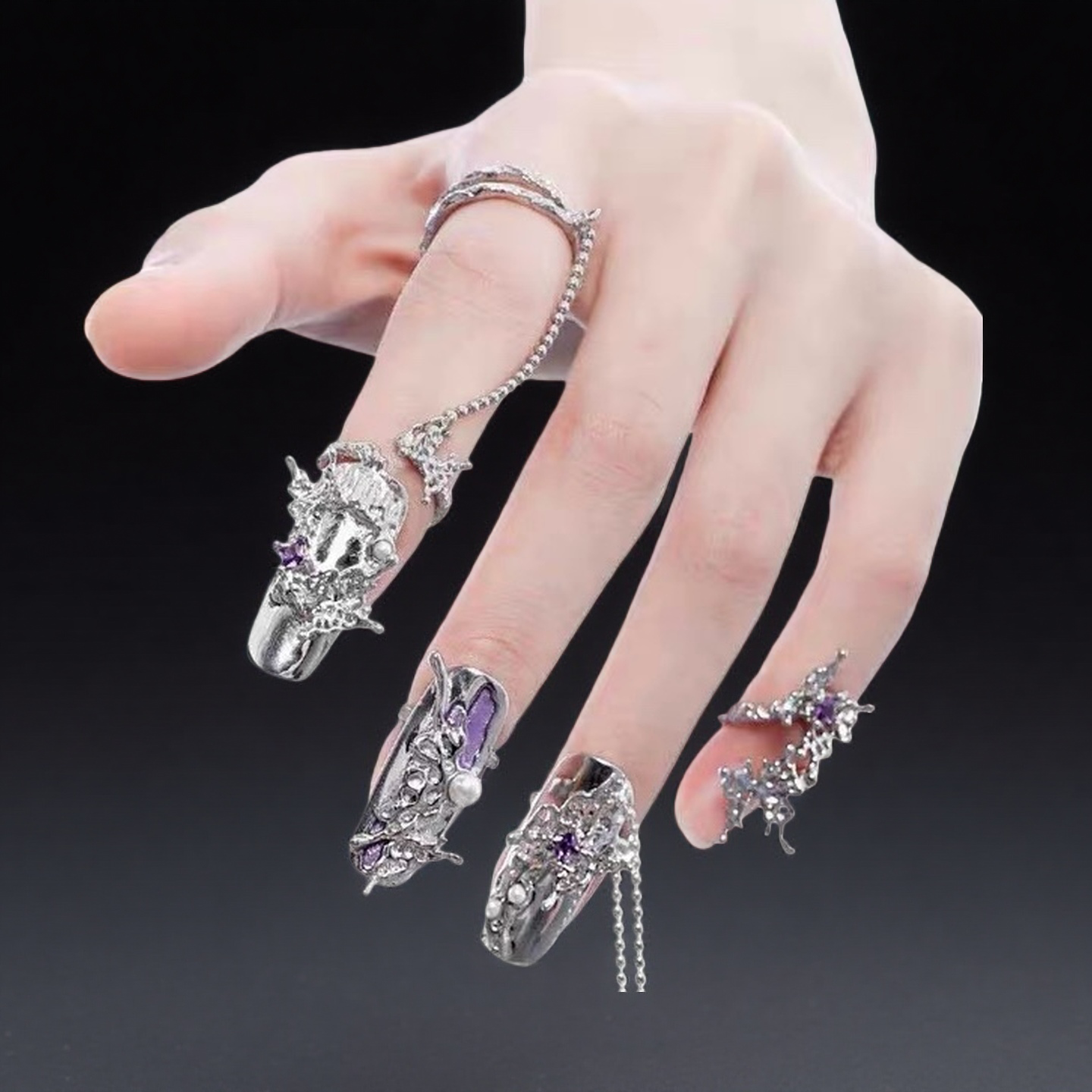 Cyber Elf 5Pcs Nail Ring Set: Purple Butterfly Tassel Silver Hollow-Out Armor Rings with Pearls & Enamel