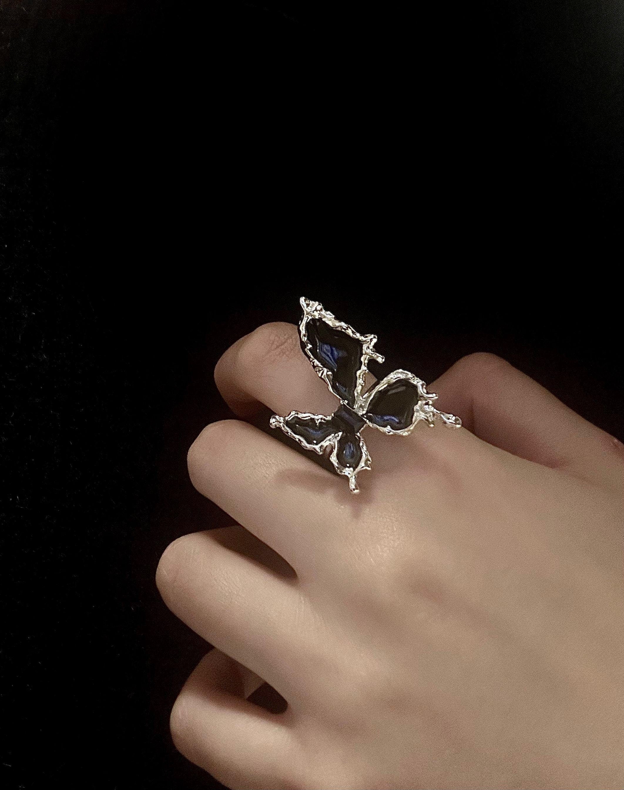 Silver Finish Butterfly Ring: Chunky Liquid Metal Statement Jewelry