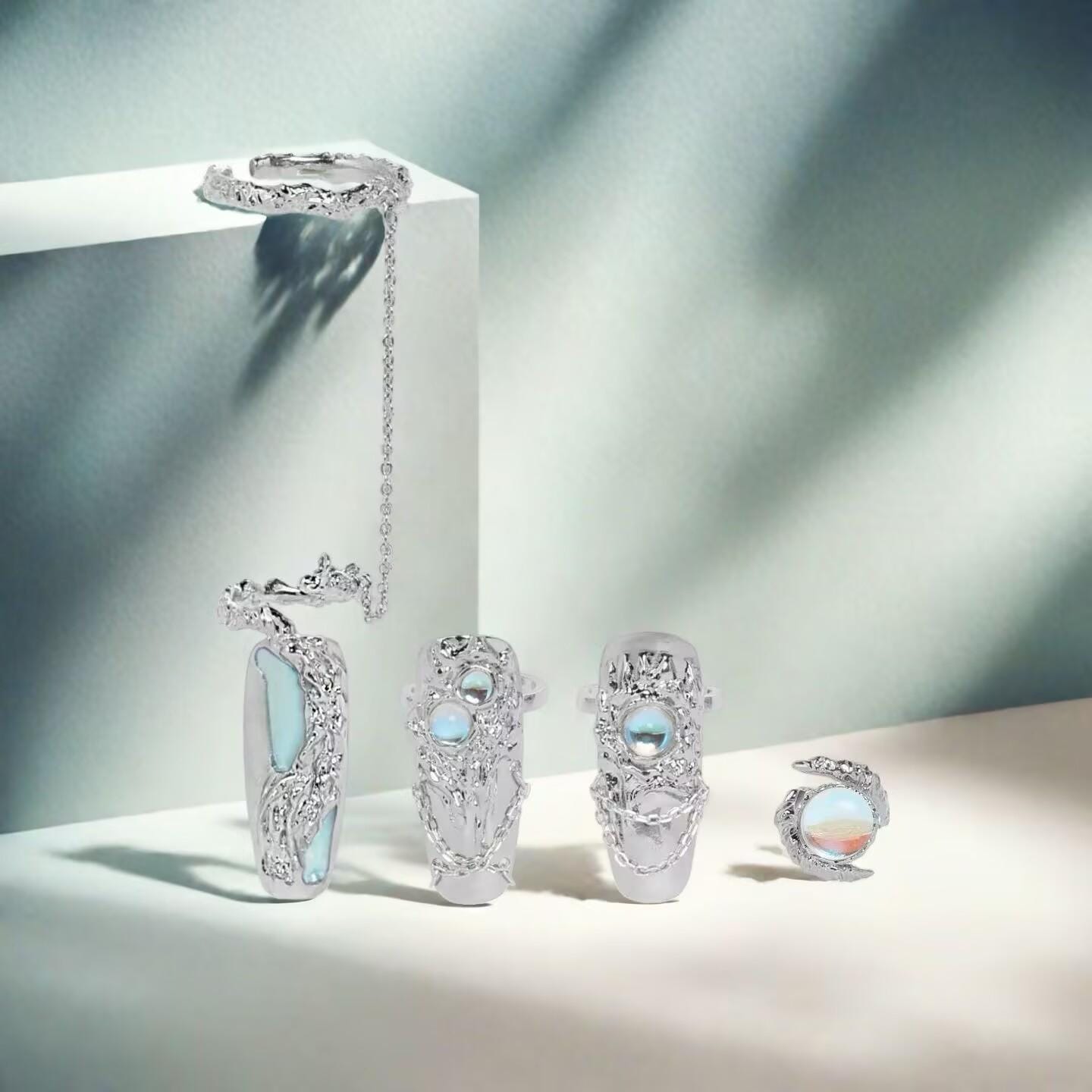 Cyberpunk Moonstone Armor Nail Ring – Futuristic Statement Jewelry, Adjustable Cool Fantasy Ring, Unique Gift for Her Him