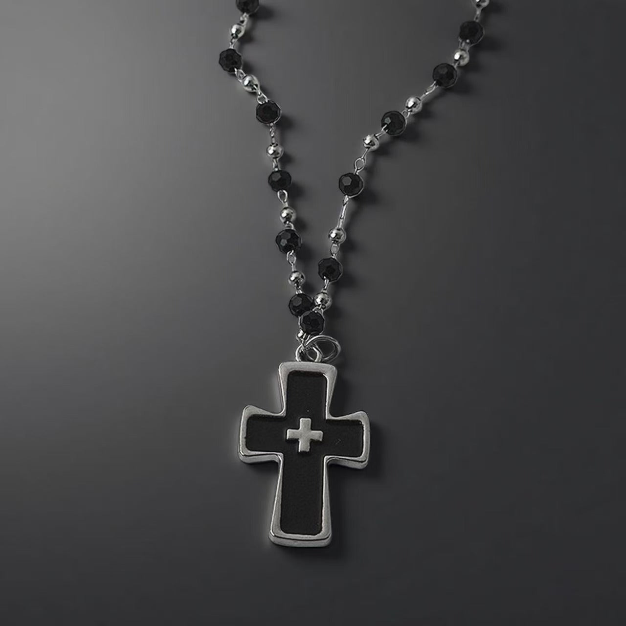 Gothic Skull Cross Necklace Set, Y2K Grunge Beaded Sweater Chain, Black Punk Layering Jewelry, Alt Aesthetic Skeleton Pendant, Gift for Him Her（Double Cross））