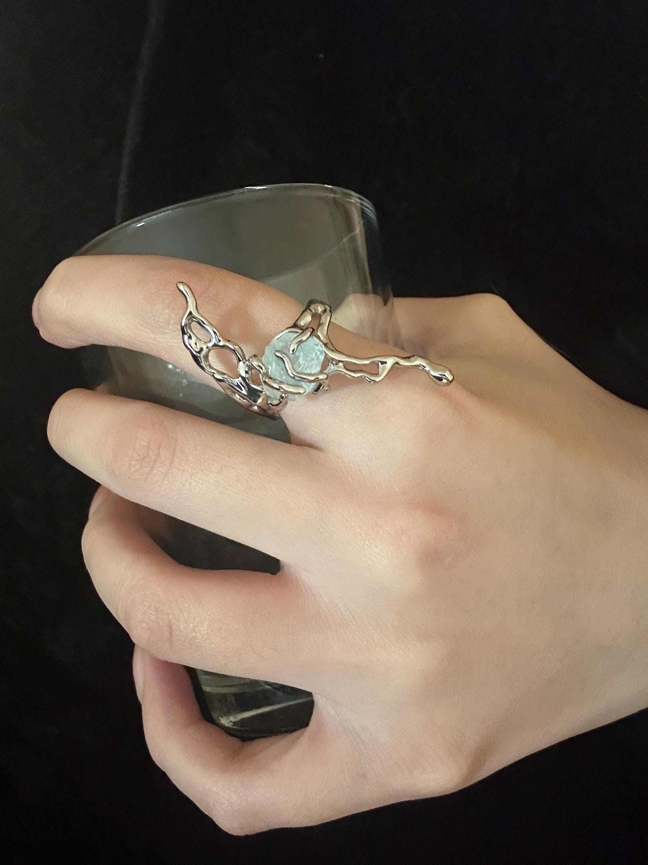Silver Finish Gemstone Ring Chunky Statement Ring Jewellery Liquid Metal Thorns Ring Jewellery Gift For Her Birthday handmade melted metal