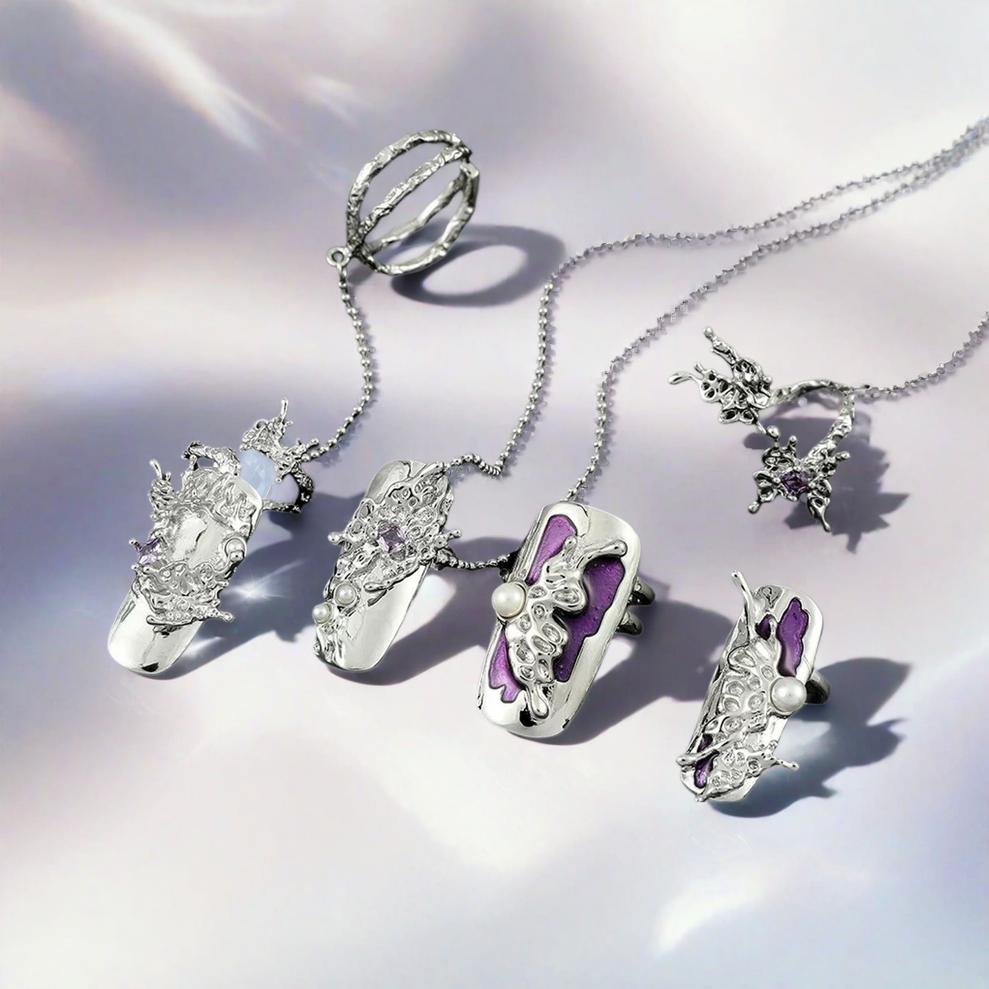 Cyber Elf 5Pcs Nail Ring Set: Purple Butterfly Tassel Silver Hollow-Out Armor Rings with Pearls & Enamel