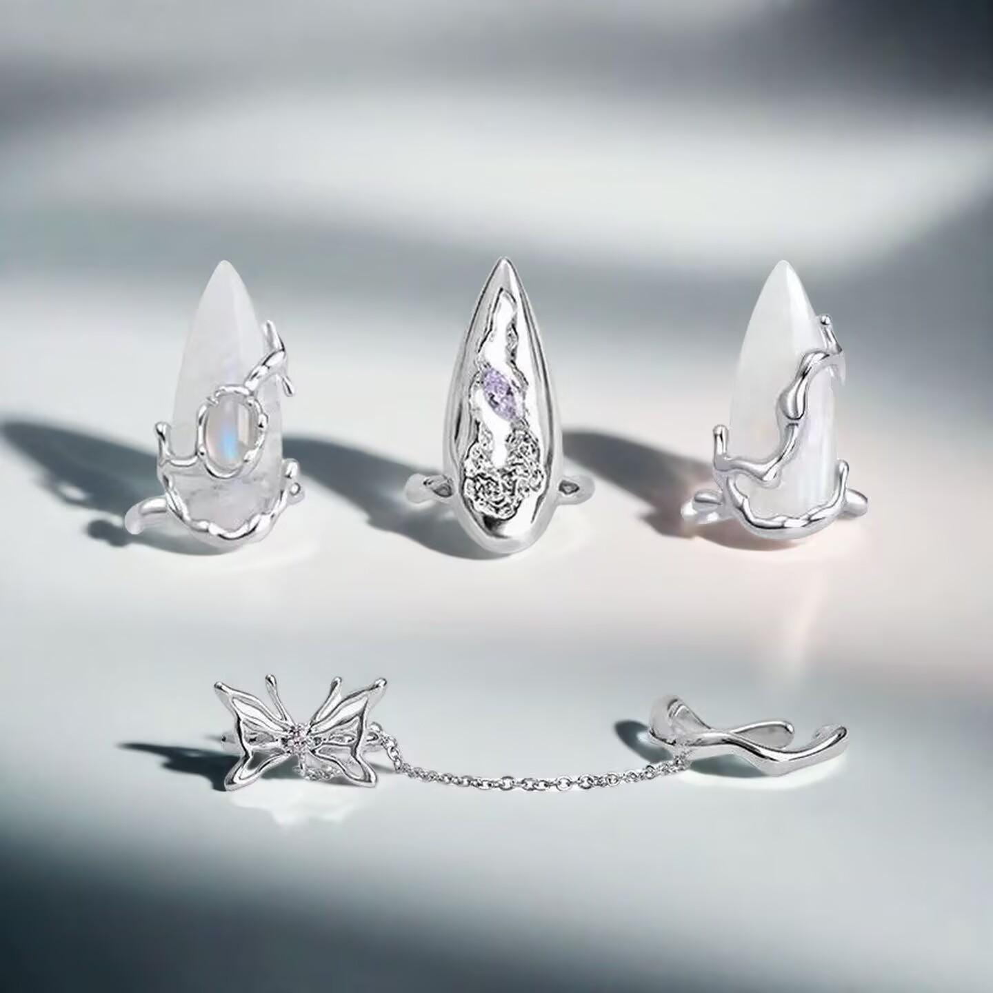 Butterfly Nail Ring Moonstone Armor | Liquid Metal Adjustable Jewelry | Statement Finger Tip Ring | Unique Indie Design
