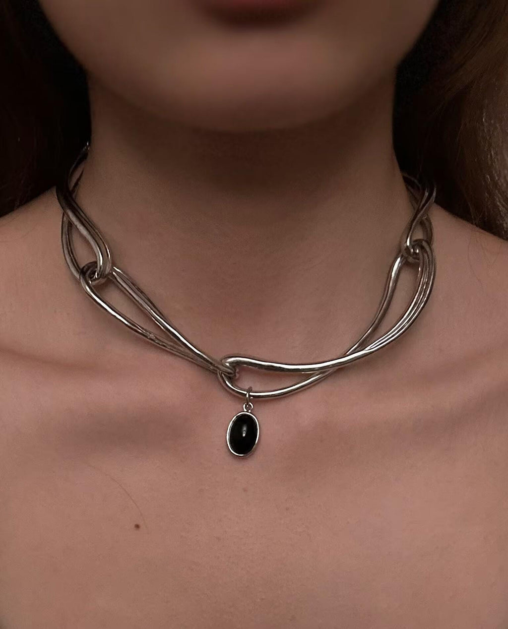 Cyberpunk Black Onyx Choker – Minimalist Geometric Silver Chain Necklace, Unisex Statement Jewelry, Unique Gift for Her Him
