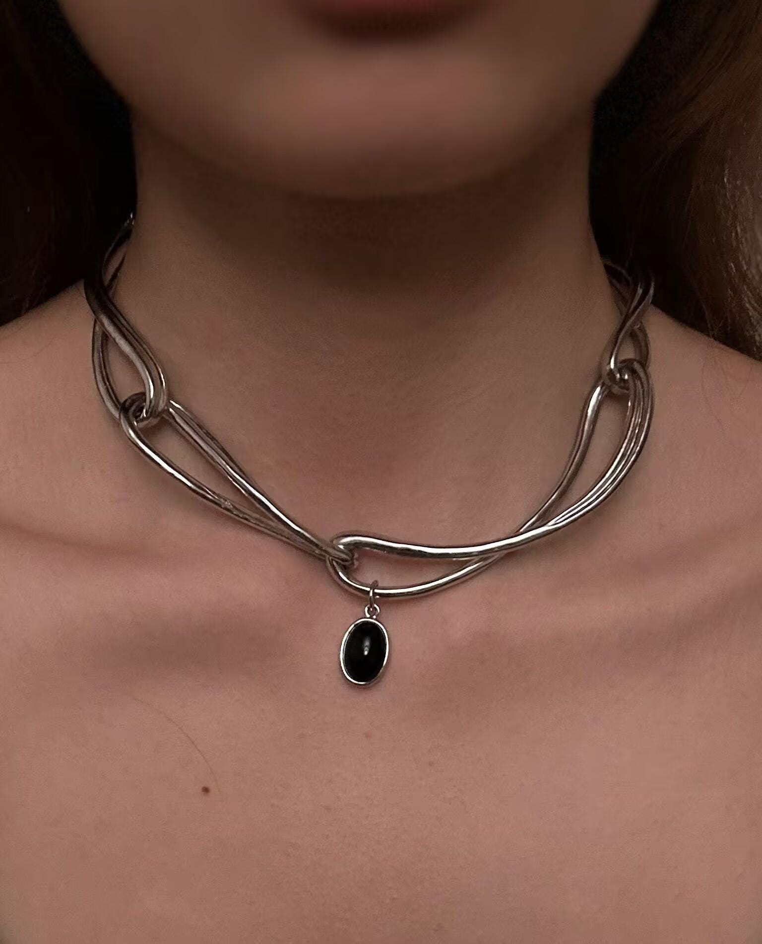 Cyberpunk Black Onyx Choker – Minimalist Geometric Silver Chain Necklace, Unisex Statement Jewelry, Unique Gift for Her Him