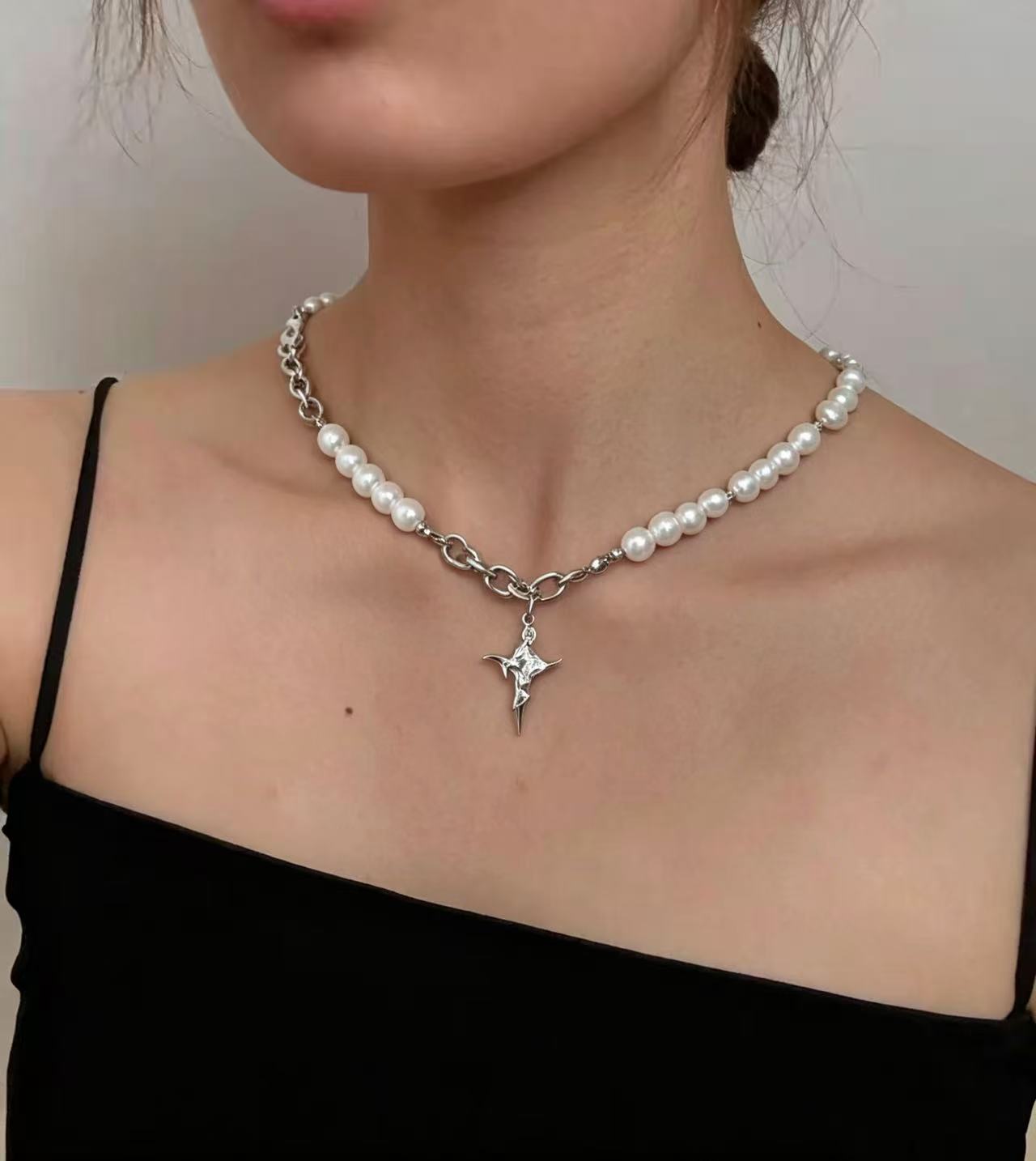 Asymmetrical Pearl Chain | Silver | Cybernicho | Stellar Dust Star Pendant | Cyberpunk Goth Jewelry