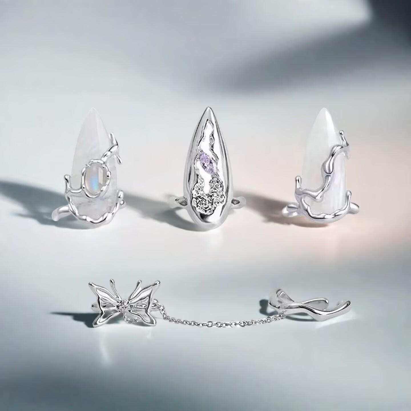 Butterfly Nail Ring Moonstone Armor | Liquid Metal Adjustable Jewelry | Statement Finger Tip Ring | Unique Indie Design