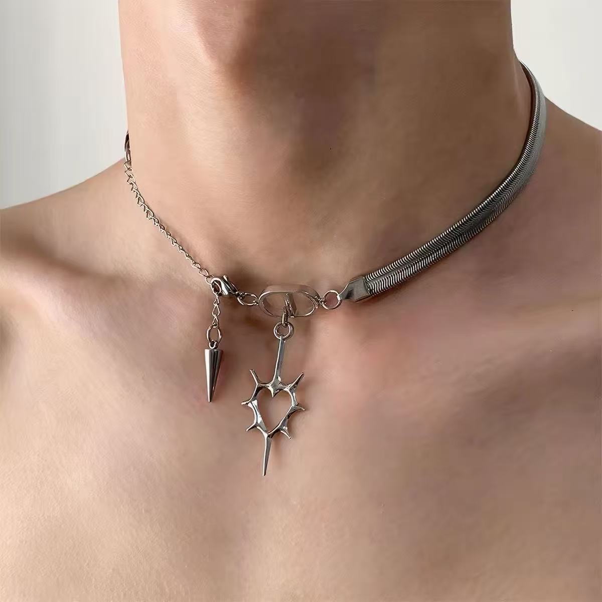 Snake Chain Heart Necklace | Silver | Cybernicho | Stellar Dust Spike Pendant | Cyberpunk Goth Jewelry