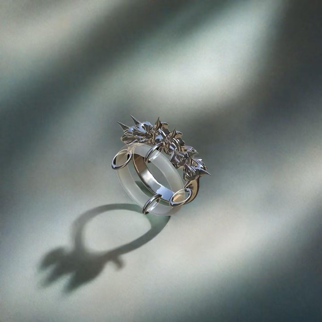 Cyberpunk Dragonbone Ring: Liquid Silver Double Band, Unisex Statement Jewelry