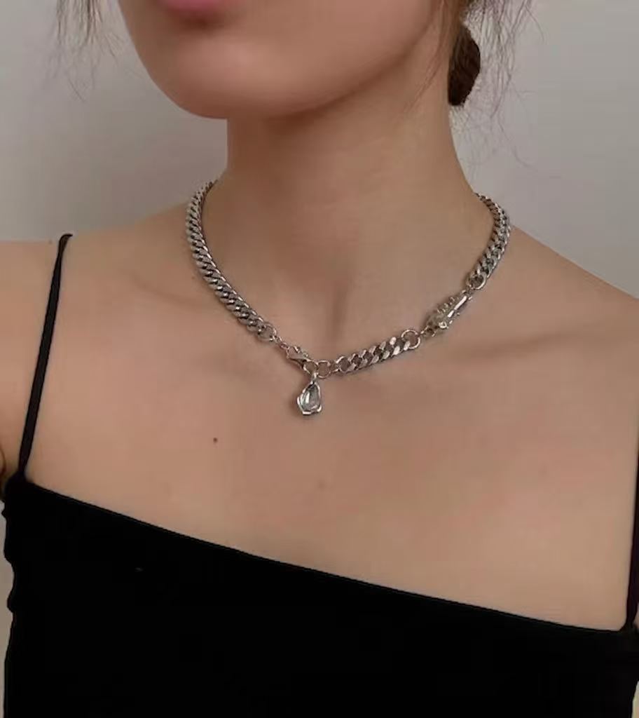 Heavyweight Silver Cuban Chain | Mens Necklace | Cybernicho | Liquid Metal Pendant | Techwear Streetwear Jewelry