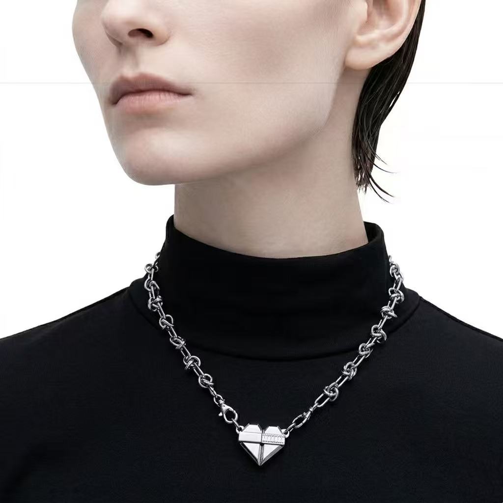 Magnetic Necklace | silver | Cybernicho | Molten Pulse Split Heart Linked Chain | industrial-couple-jewelry-gift