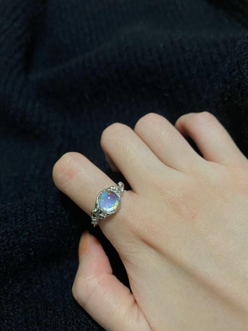 Silver Star Gemstone Ring Chunky Statement Ring Jewellery Liquid Metal Moonstone Ring Gift For Her Birthday handmade melted metal