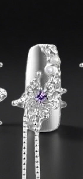 Cyber Elf 5Pcs Nail Ring Set: Purple Butterfly Tassel Silver Hollow-Out Armor Rings with Pearls & Enamel