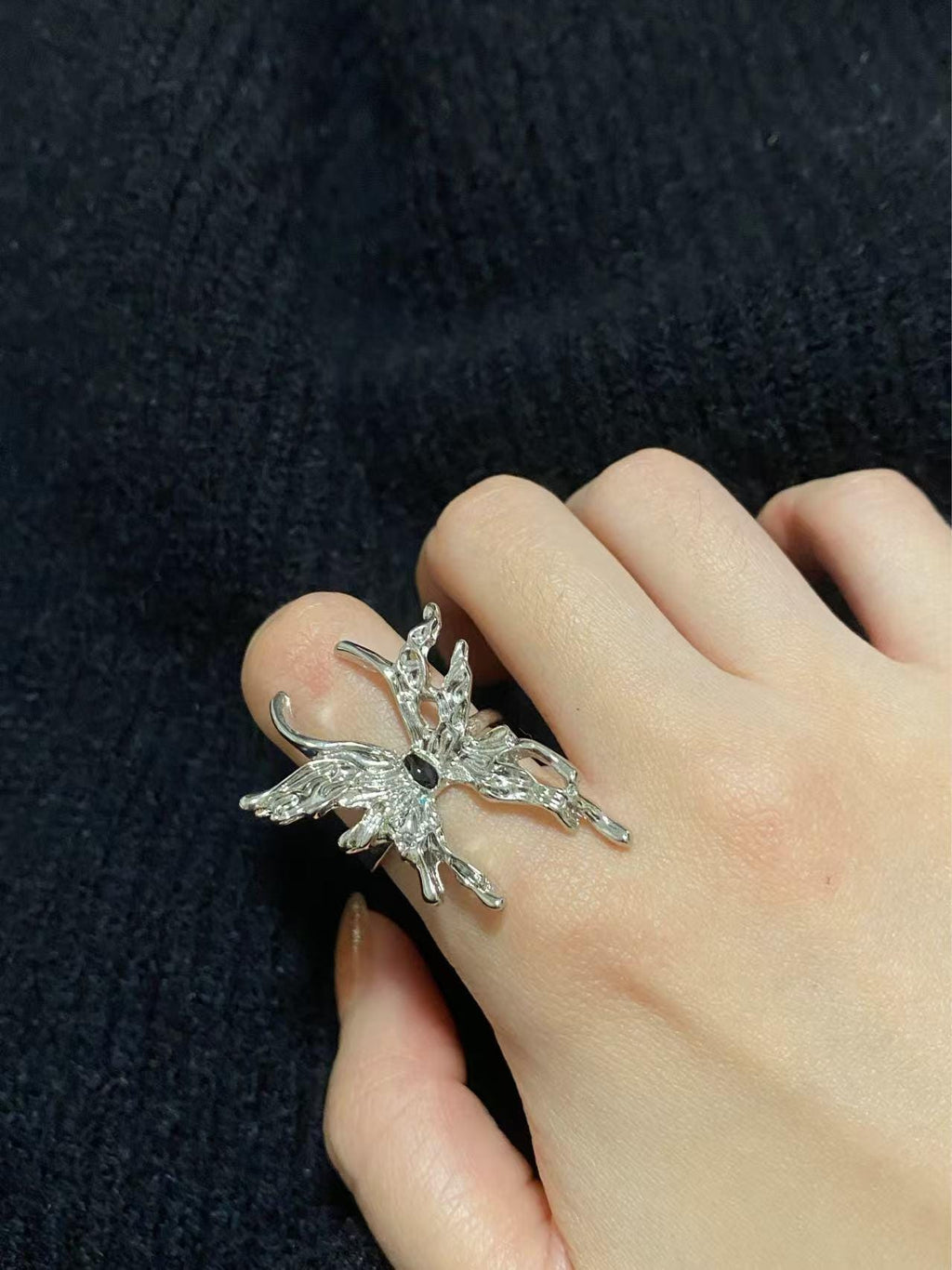 Silver Finish Butterfly Ring: Chunky Liquid Metal Statement Jewelry