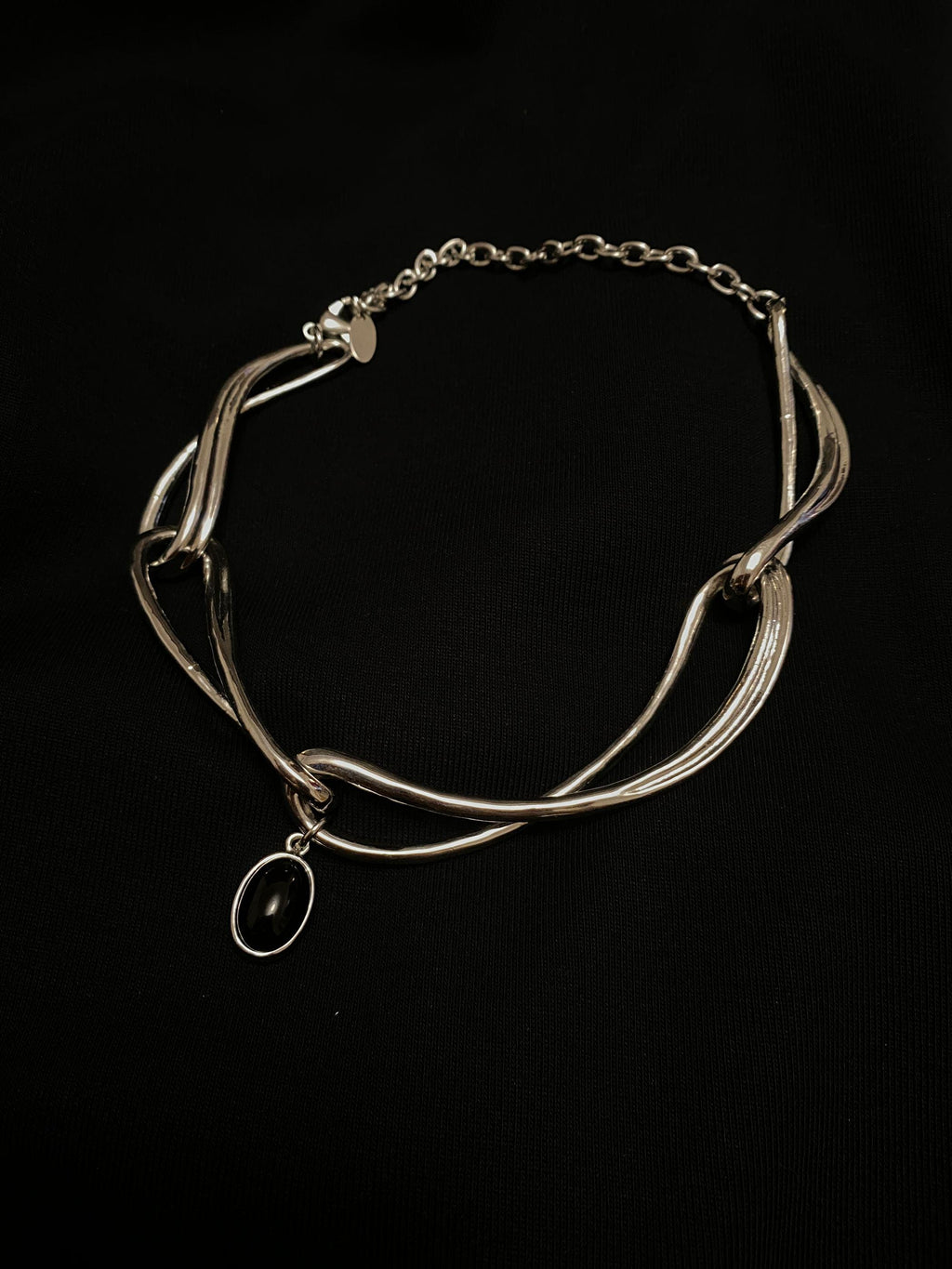 Cyberpunk Black Onyx Choker – Minimalist Geometric Silver Chain Necklace, Unisex Statement Jewelry, Unique Gift for Her Him