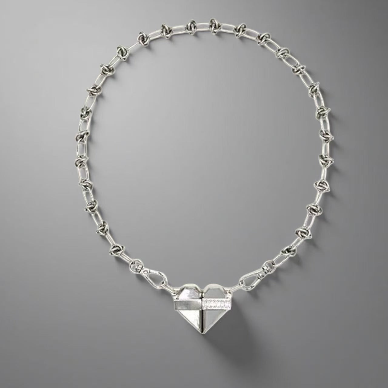 Magnetic Necklace | silver | Cybernicho | Molten Pulse Split Heart Linked Chain | industrial-couple-jewelry-gift