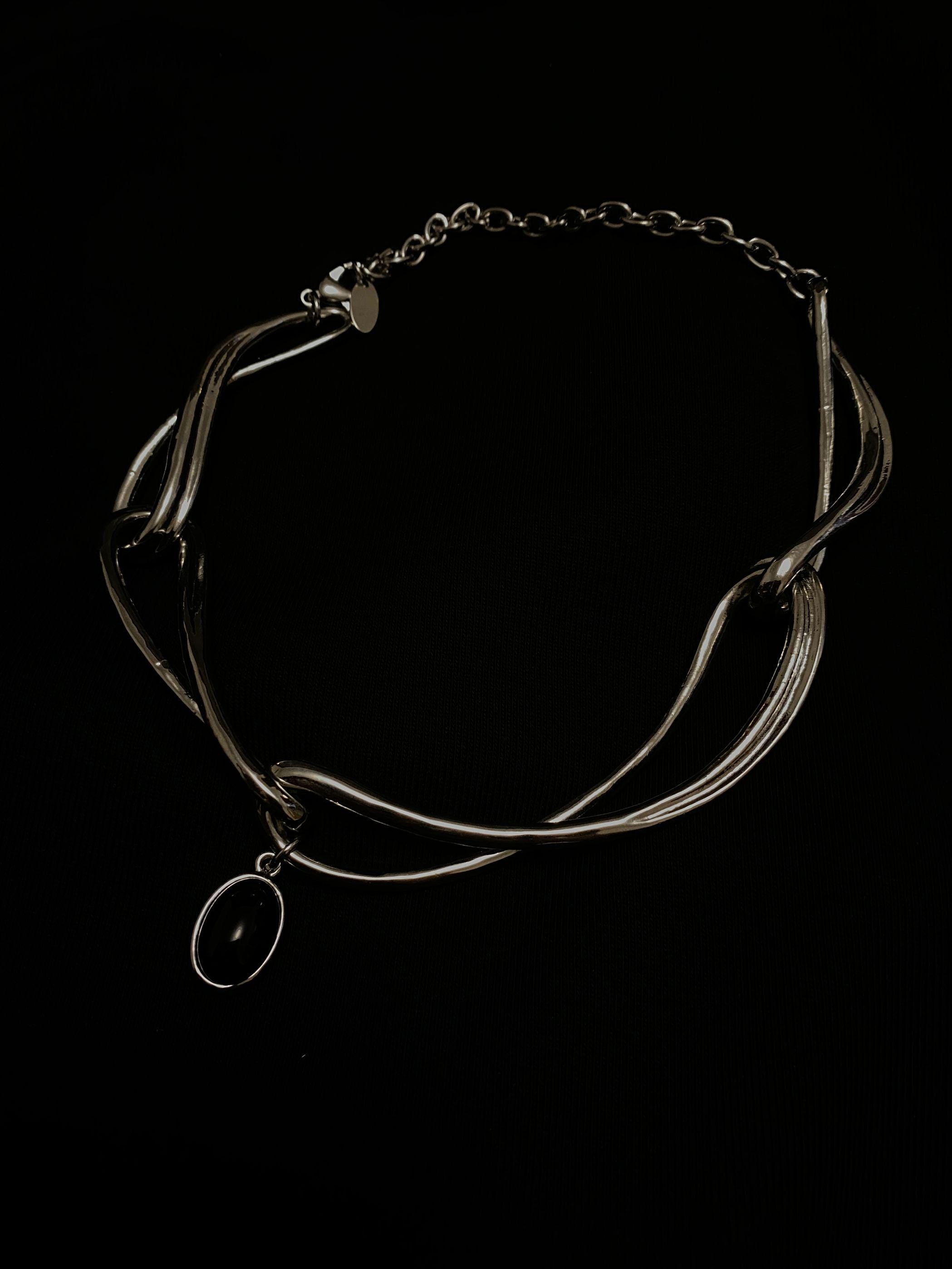 Cyberpunk Black Onyx Choker – Minimalist Geometric Silver Chain Necklace, Unisex Statement Jewelry, Unique Gift for Her Him