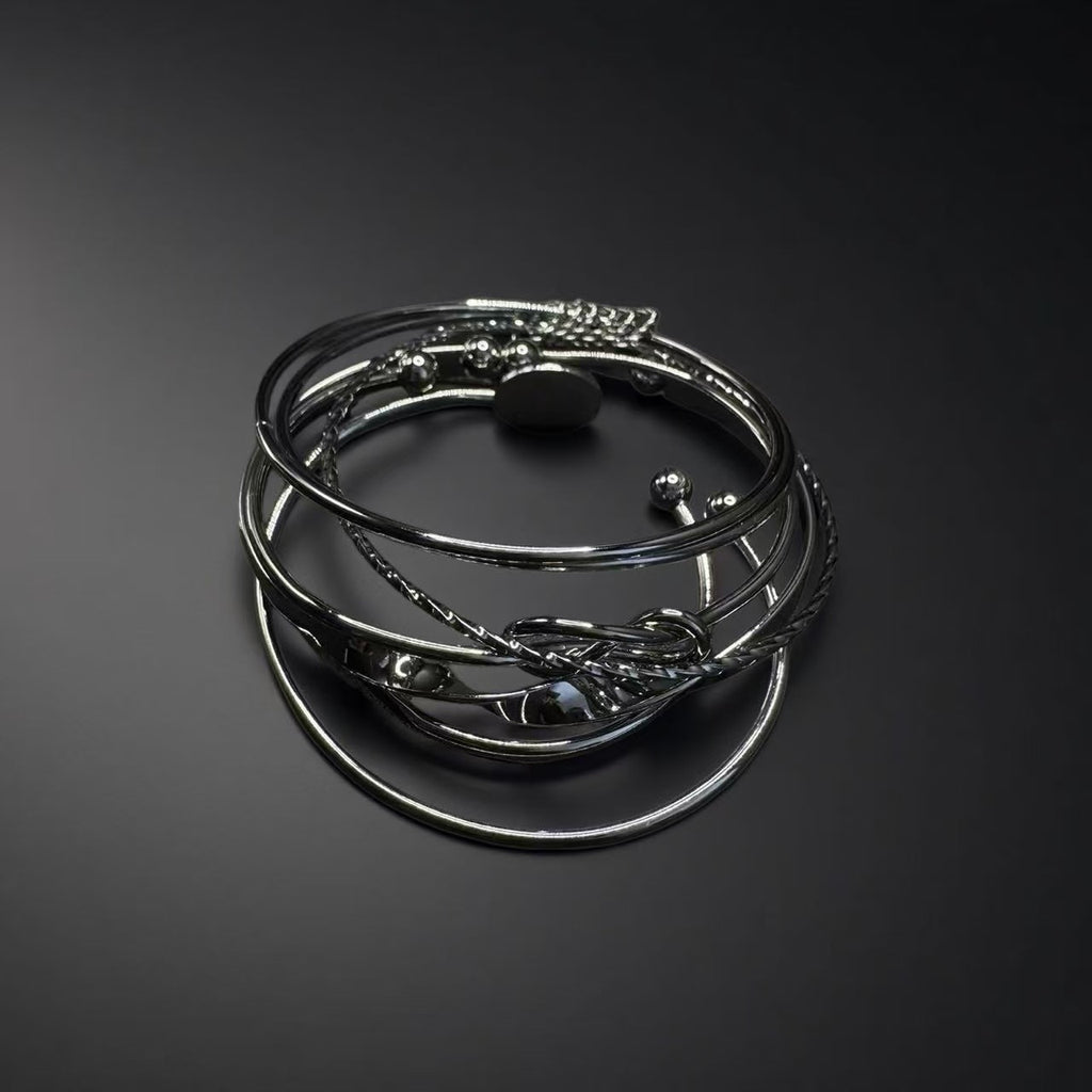 5-Piece Silver Cuff Set | Stacked Bracelets | Cybernicho | Molten Anima Adjustable Bangle | Cyberpunk Goth Jewelry