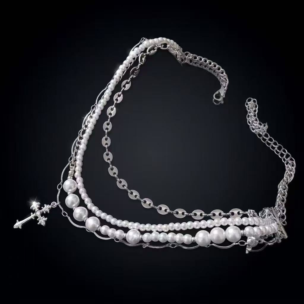 Multi-layered Pearl Choker | Silver Cross Pendant | Cybernicho | Stellar Dust Gothic Necklace