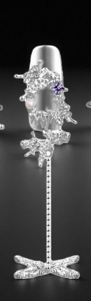 Cyber Elf 5Pcs Nail Ring Set: Purple Butterfly Tassel Silver Hollow-Out Armor Rings with Pearls & Enamel