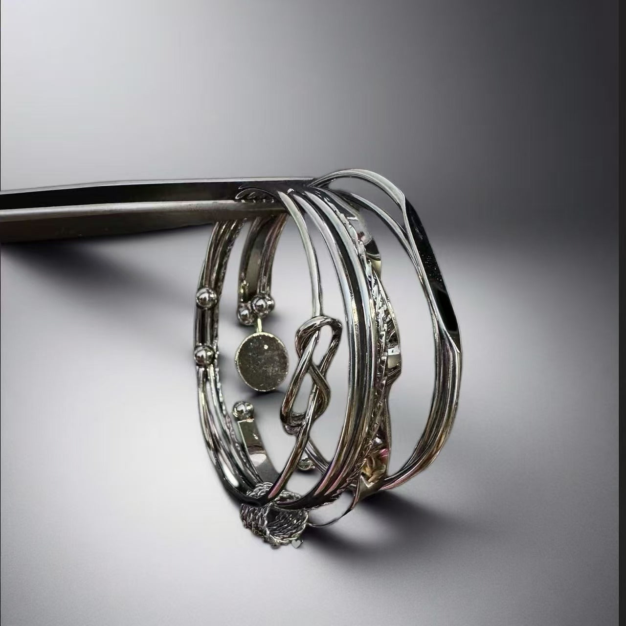 5-Piece Silver Cuff Set | Stacked Bracelets | Cybernicho | Molten Anima Adjustable Bangle | Cyberpunk Goth Jewelry