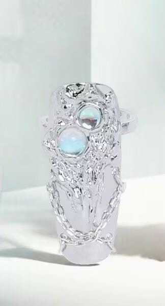 Cyberpunk Moonstone Armor Nail Ring – Futuristic Statement Jewelry, Adjustable Cool Fantasy Ring, Unique Gift for Her Him