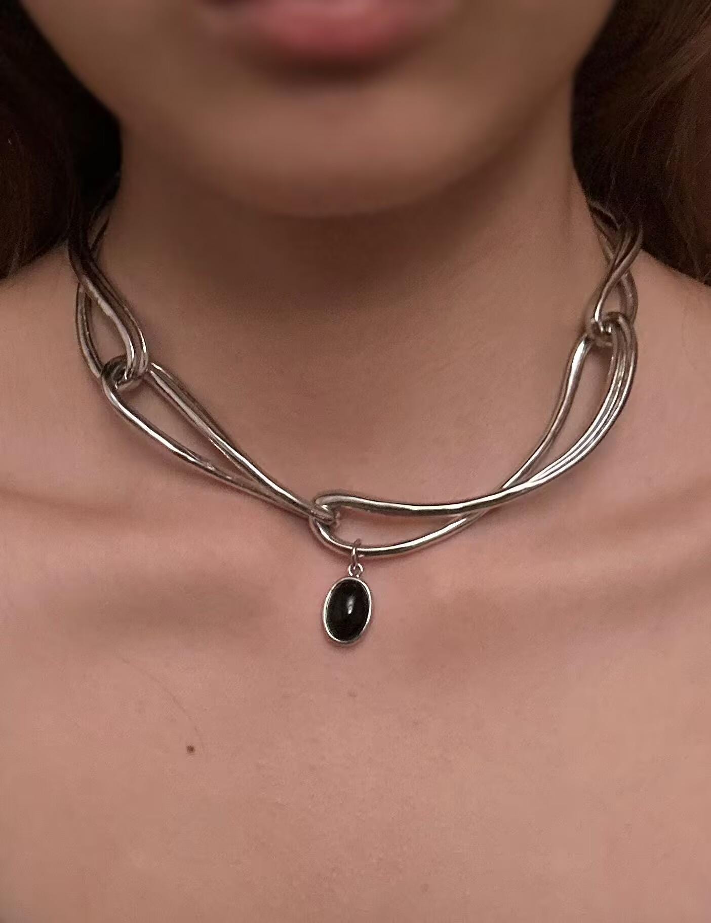 Cyberpunk Black Onyx Choker – Minimalist Geometric Silver Chain Necklace, Unisex Statement Jewelry, Unique Gift for Her Him