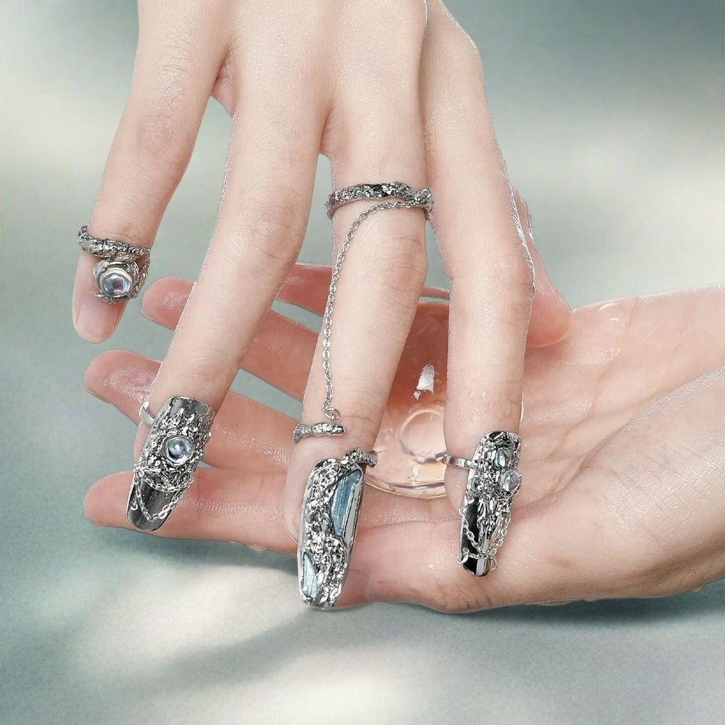 Cyberpunk Moonstone Armor Nail Ring – Futuristic Statement Jewelry, Adjustable Cool Fantasy Ring, Unique Gift for Her Him