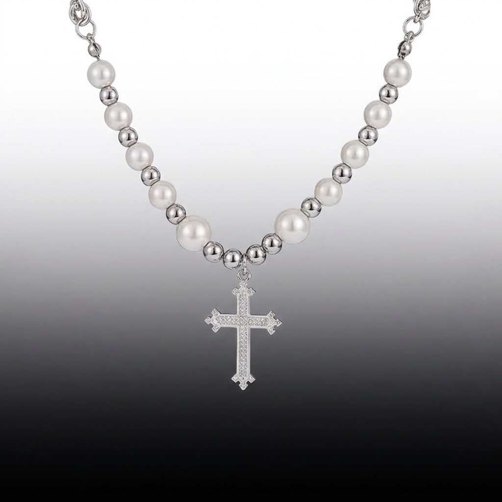 Pave Gothic Cross Pearl Necklace | Silver Splice Choker | Cybernicho | Y2K Cyber Goth Jewelry | Rhinestone Cross Pendant