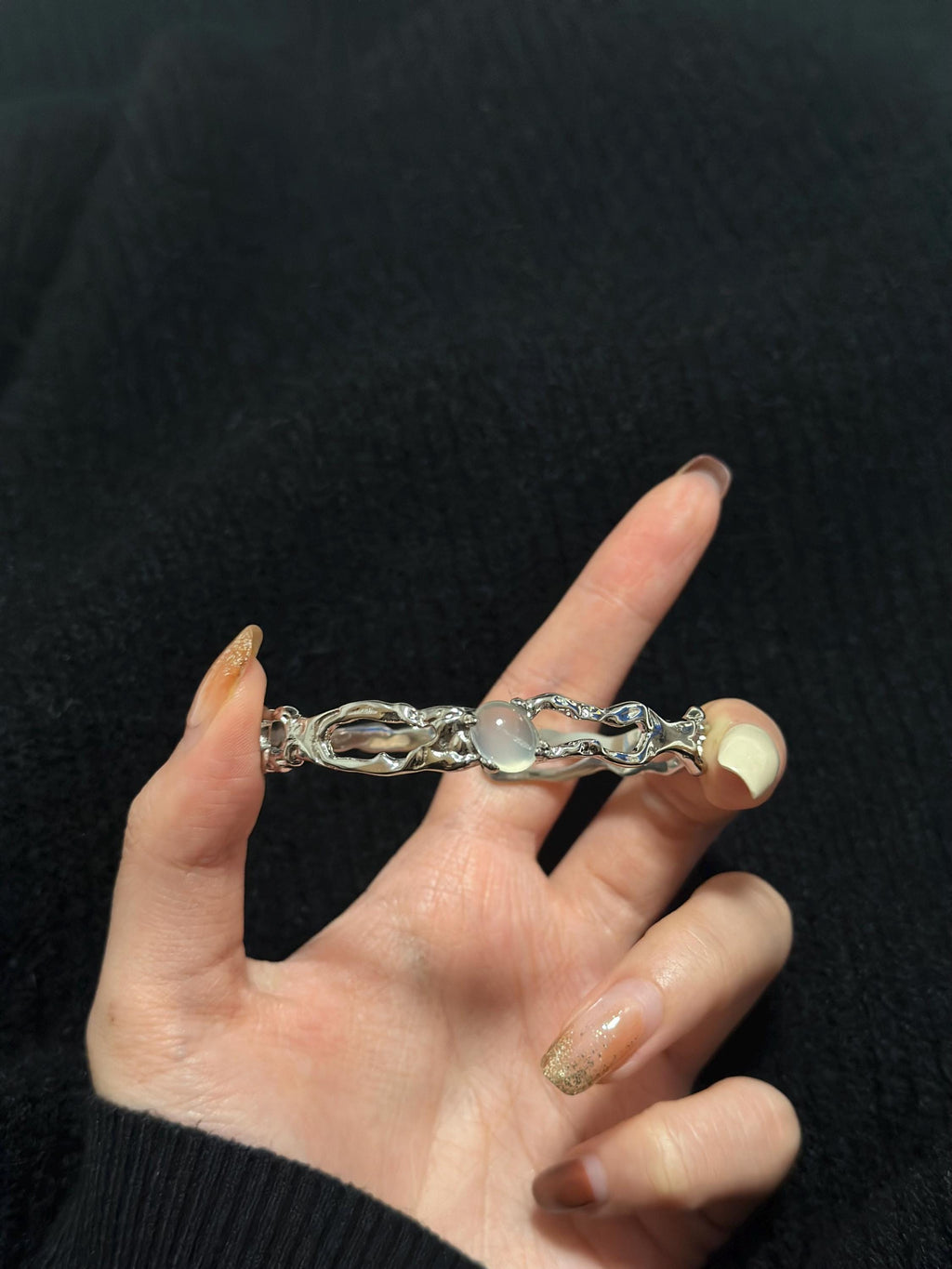 Silver Finish Gemstone bracelet Chunky Statement bracelet Liquid Metal Thorns bracelet Jewellery Gift For Her Birthday handmade melted metal
