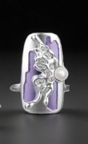 Cyber Elf 5Pcs Nail Ring Set: Purple Butterfly Tassel Silver Hollow-Out Armor Rings with Pearls & Enamel